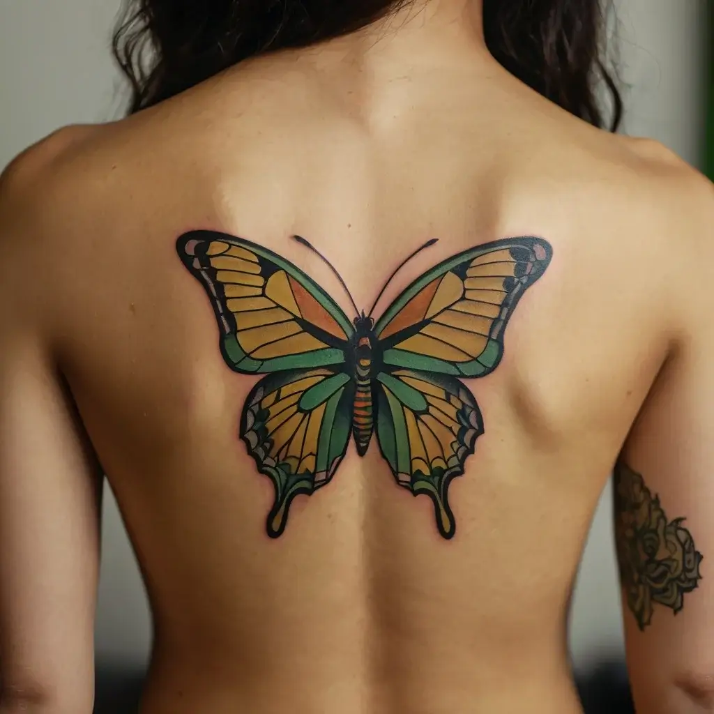 A vibrant butterfly tattoo with orange and green wings, showcasing bold outlines and intricate details on the back.