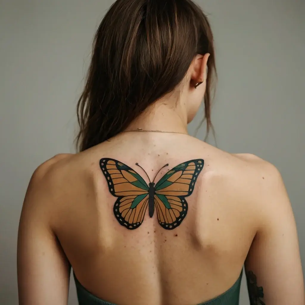 Tattoo of a vibrant butterfly on the upper back with detailed orange and black patterns, symbolizing transformation.