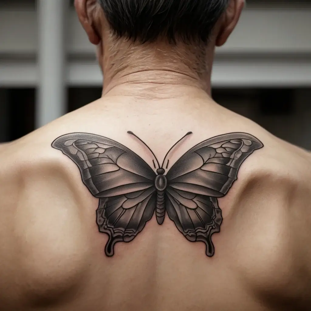 Black and gray butterfly tattoo on upper back with detailed shading and intricate wing patterns.