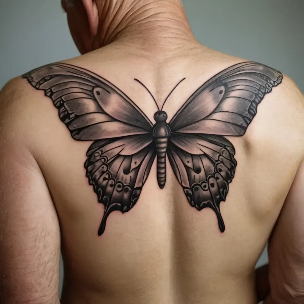 Tattoo of a realistic monochrome butterfly spans across the upper back, featuring detailed wings with shading and textures.