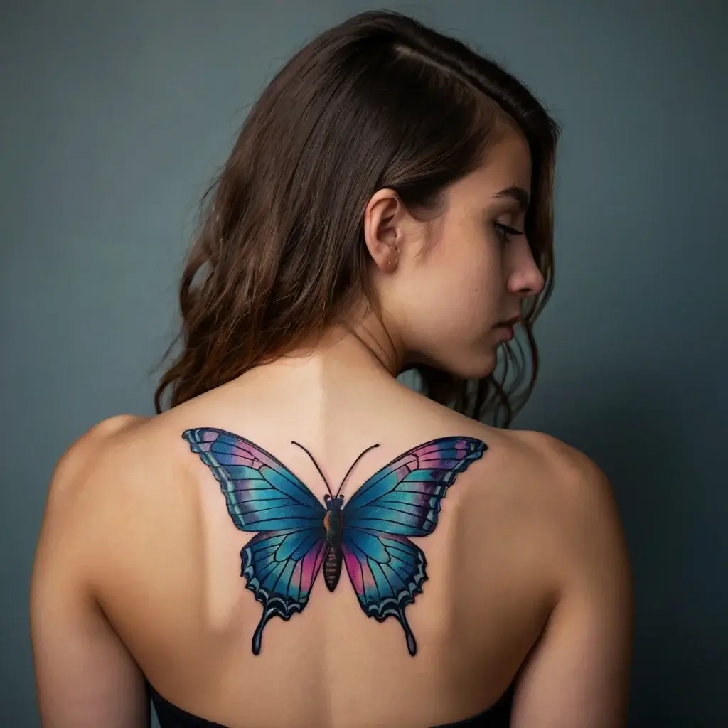 Vibrant blue and purple butterfly tattoo on the upper back, detailed with intricate wing patterns and realistic shading.