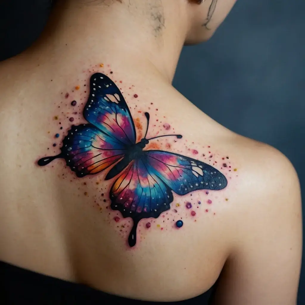 Vibrant watercolor butterfly tattoo on shoulder, blending blue, purple, and pink hues with splatter effects.