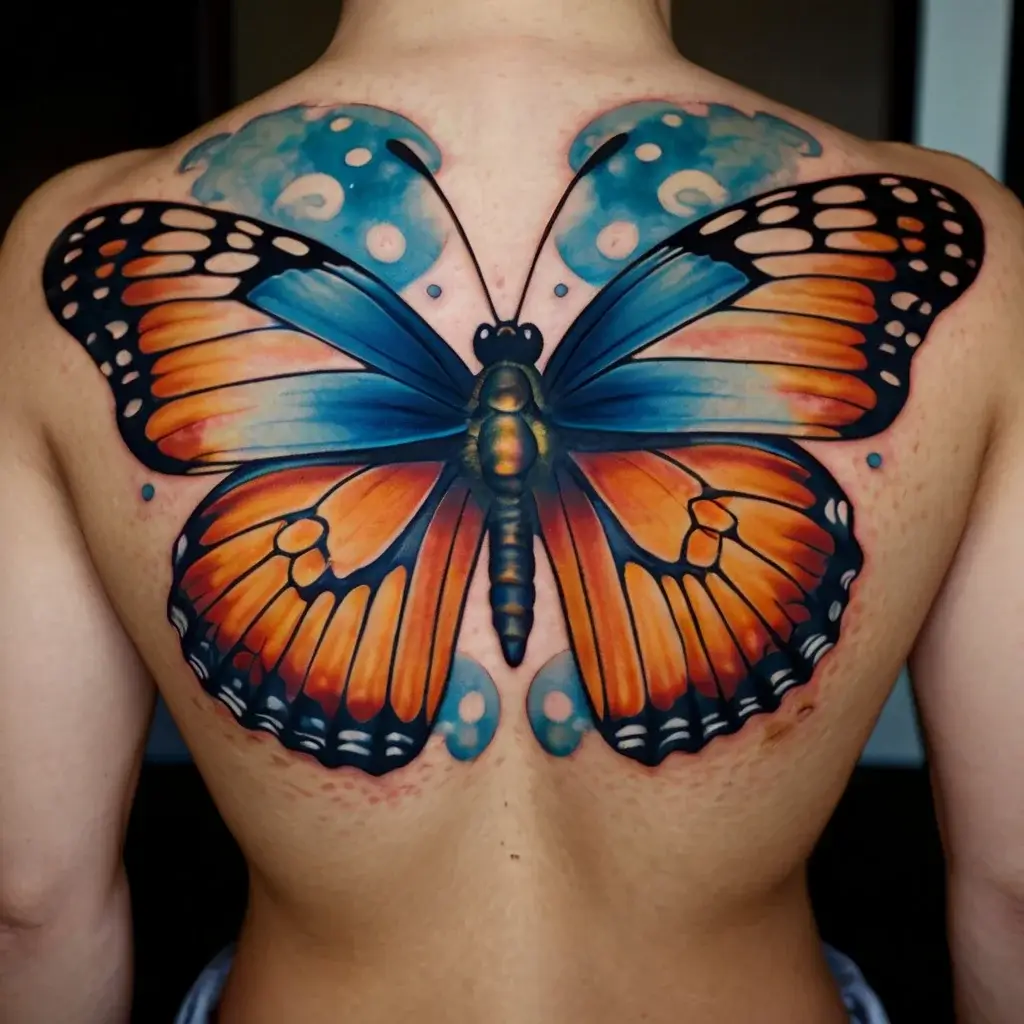 A vivid butterfly tattoo covers the upper back, blending orange and blue hues with intricate black outlines and wing patterns.