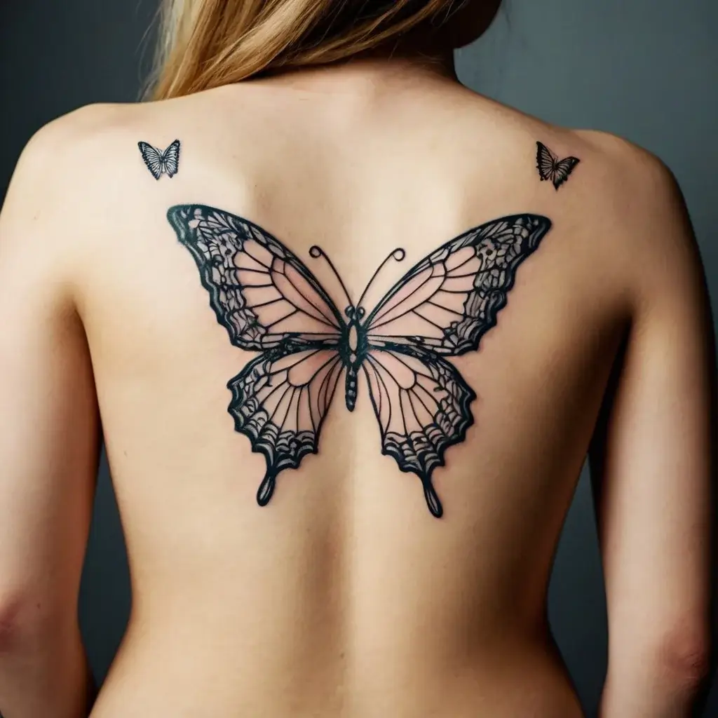 Large central butterfly tattoo with intricate black outlines and soft pink shading, flanked by two smaller butterflies.