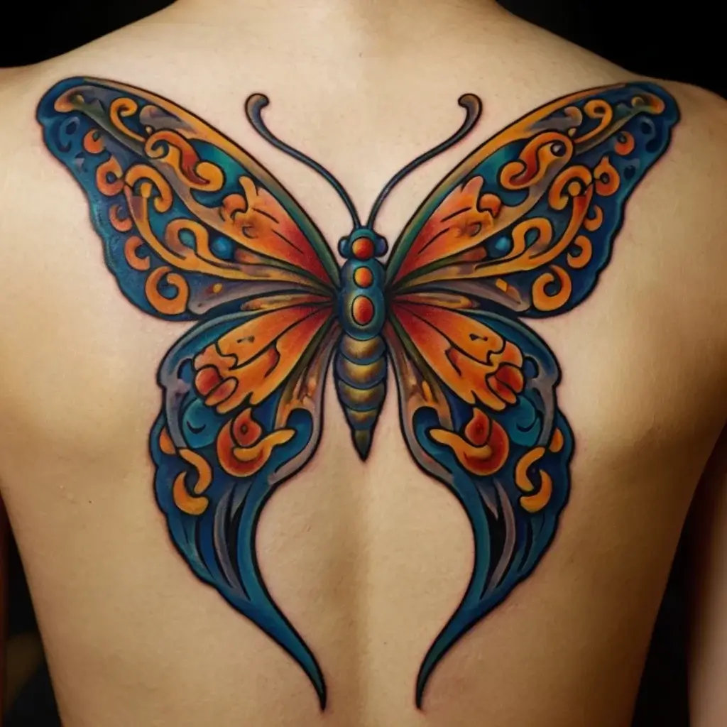 Vibrant butterfly tattoo with ornate orange and blue wings, featuring intricate swirls and patterns, covers the upper back.