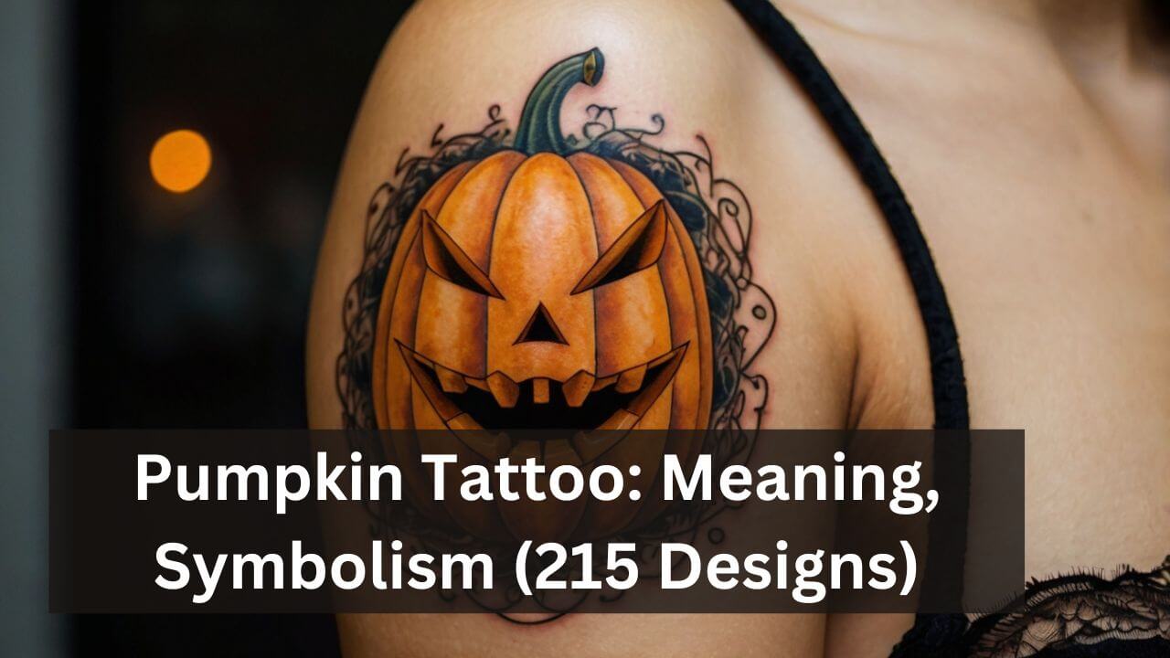 Tattoo of a vibrant jack-o'-lantern with swirling black tendrils on the shoulder, highlighting Halloween themes.