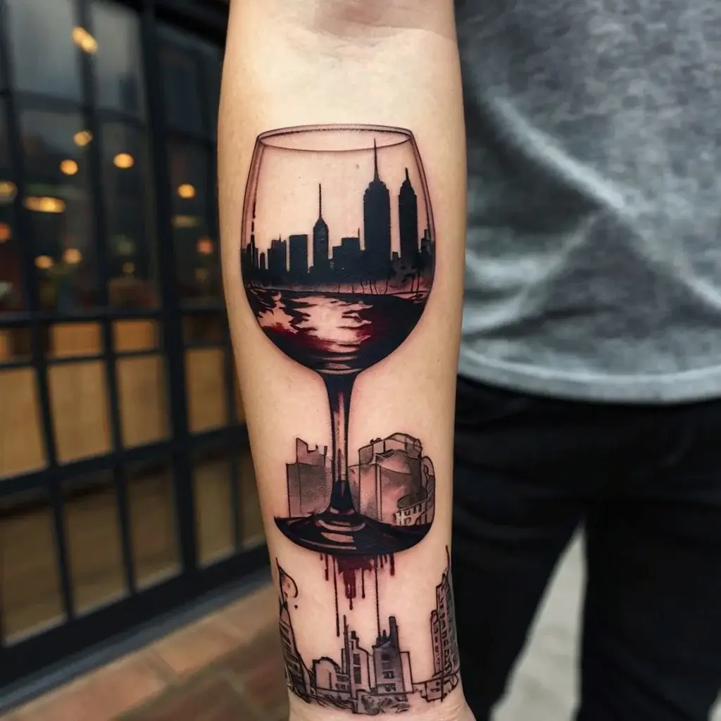 Tattoo of a skyline reflected in a wine glass, with city buildings beneath. Shades of black and red blend seamlessly.