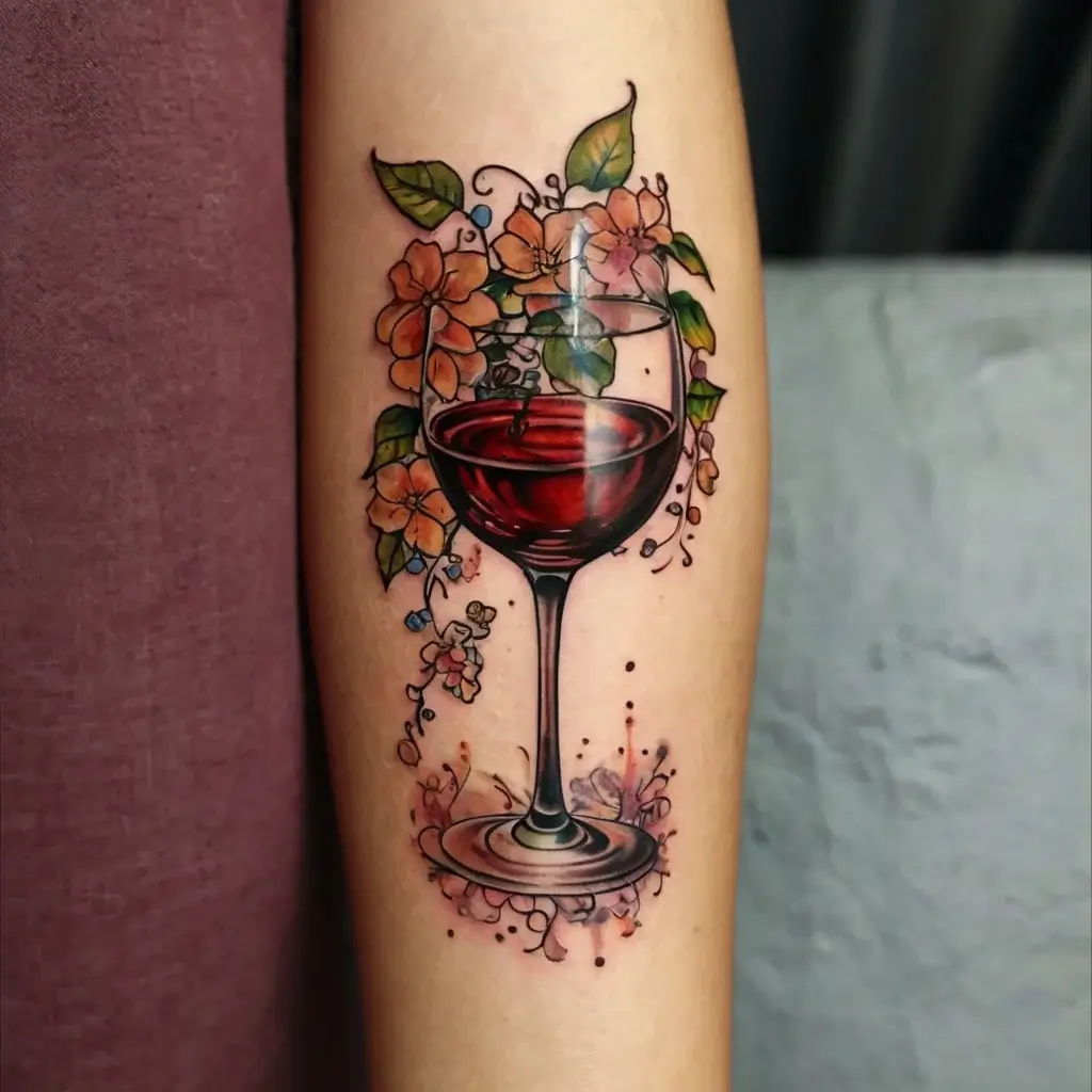 Tattoo of a wine glass with red wine, surrounded by vivid flowers and leaves, creating a blend of elegance and nature.