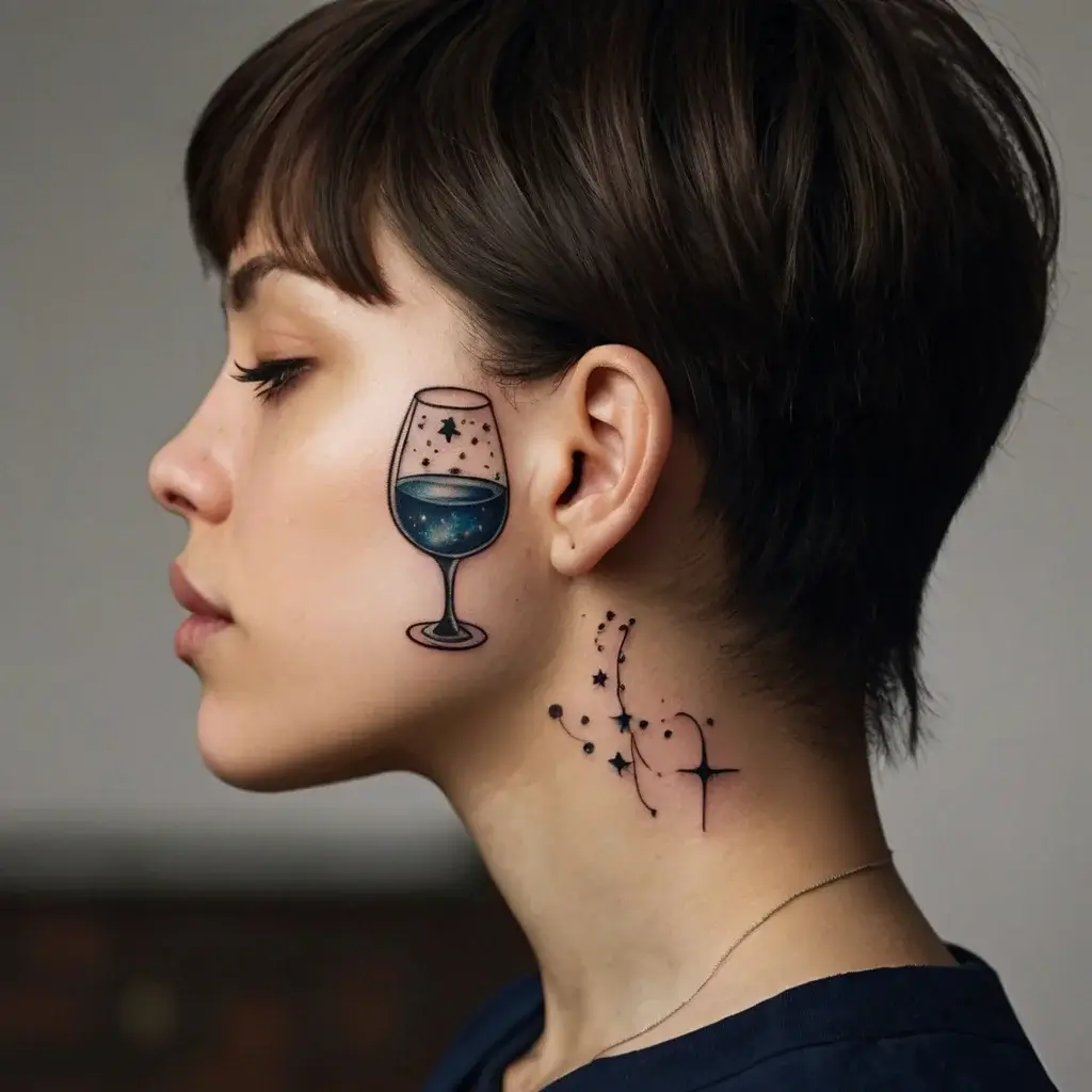 Tattoo of a wine glass with a cosmic scene inside, accompanied by constellation and star designs along the neck.