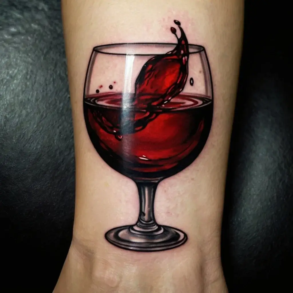 Tattoo of a realistic wine glass with red wine splashing inside, showcasing vibrant reds and detailed shading.