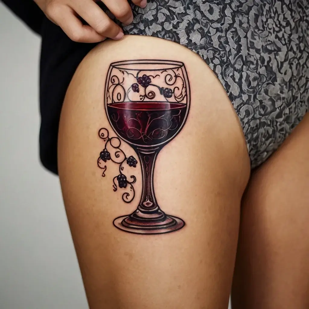 Tattoo depicts an elegant wine glass filled with wine, adorned with swirling vine and grape details, on the upper thigh.