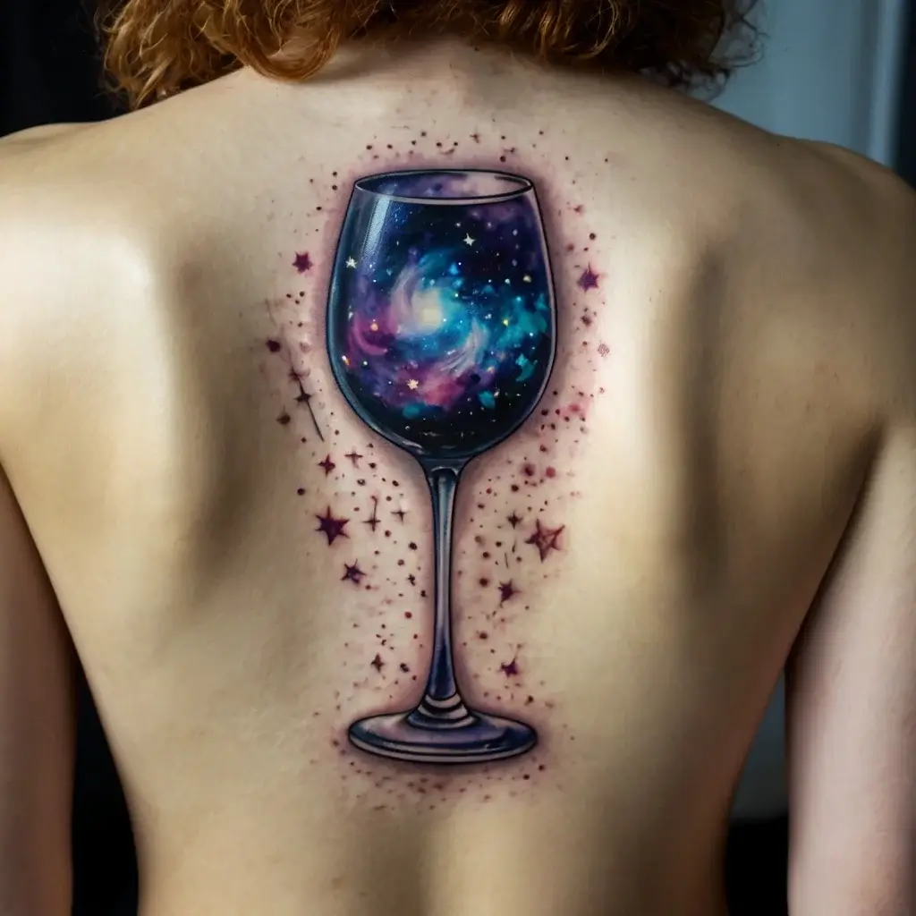 Tattoo of a wine glass filled with a galaxy, surrounded by stars, creating a cosmic scene on the back.