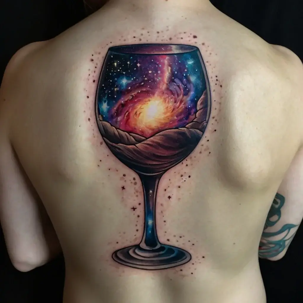 Tattoo of a wine glass filled with a vibrant galaxy, stars, and swirling nebula on the back. Cosmic and surreal theme.