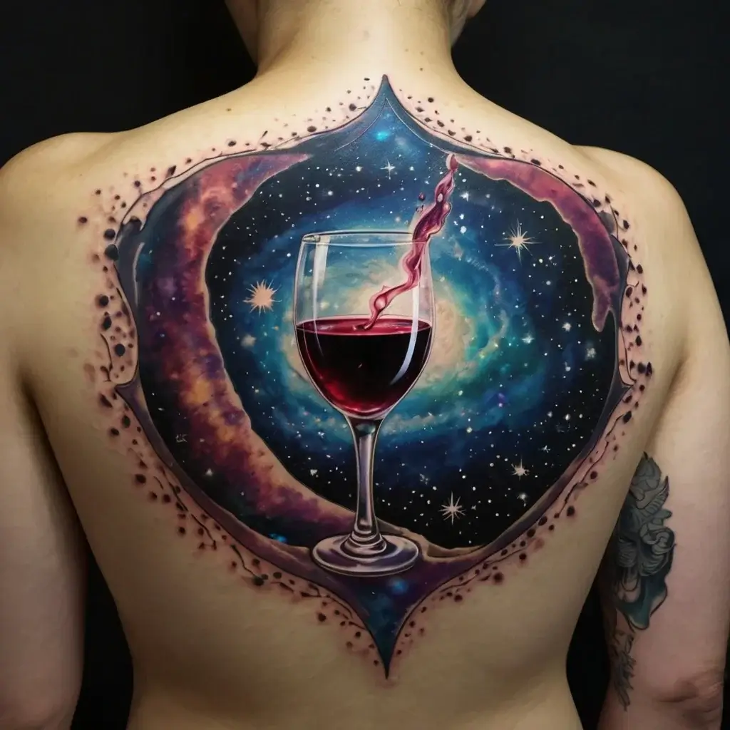 Tattoo of a wine glass over a cosmic galaxy background, framed by swirling colors and stars, symbolizing harmony and the universe.