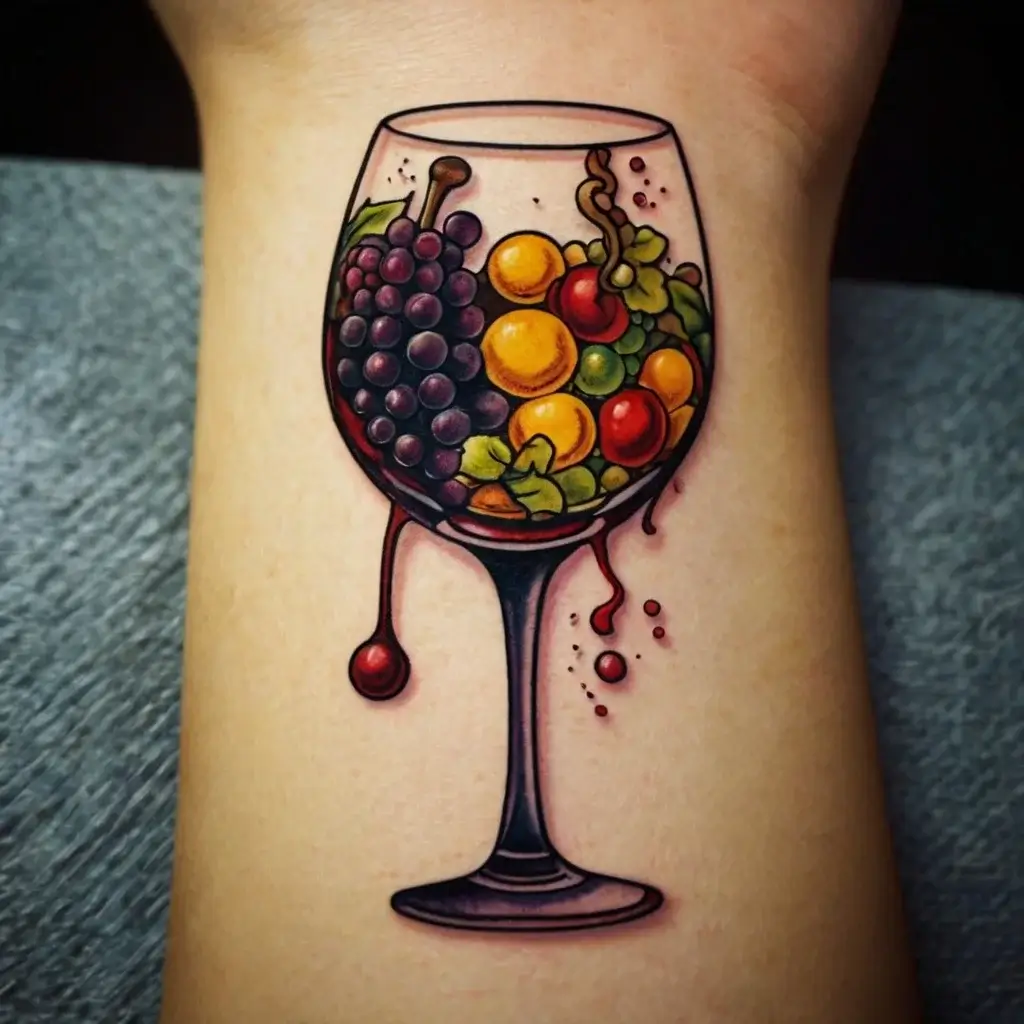 Colorful tattoo of a wine glass filled with ripe fruits, featuring grapes and citrus, with vibrant, realistic details.