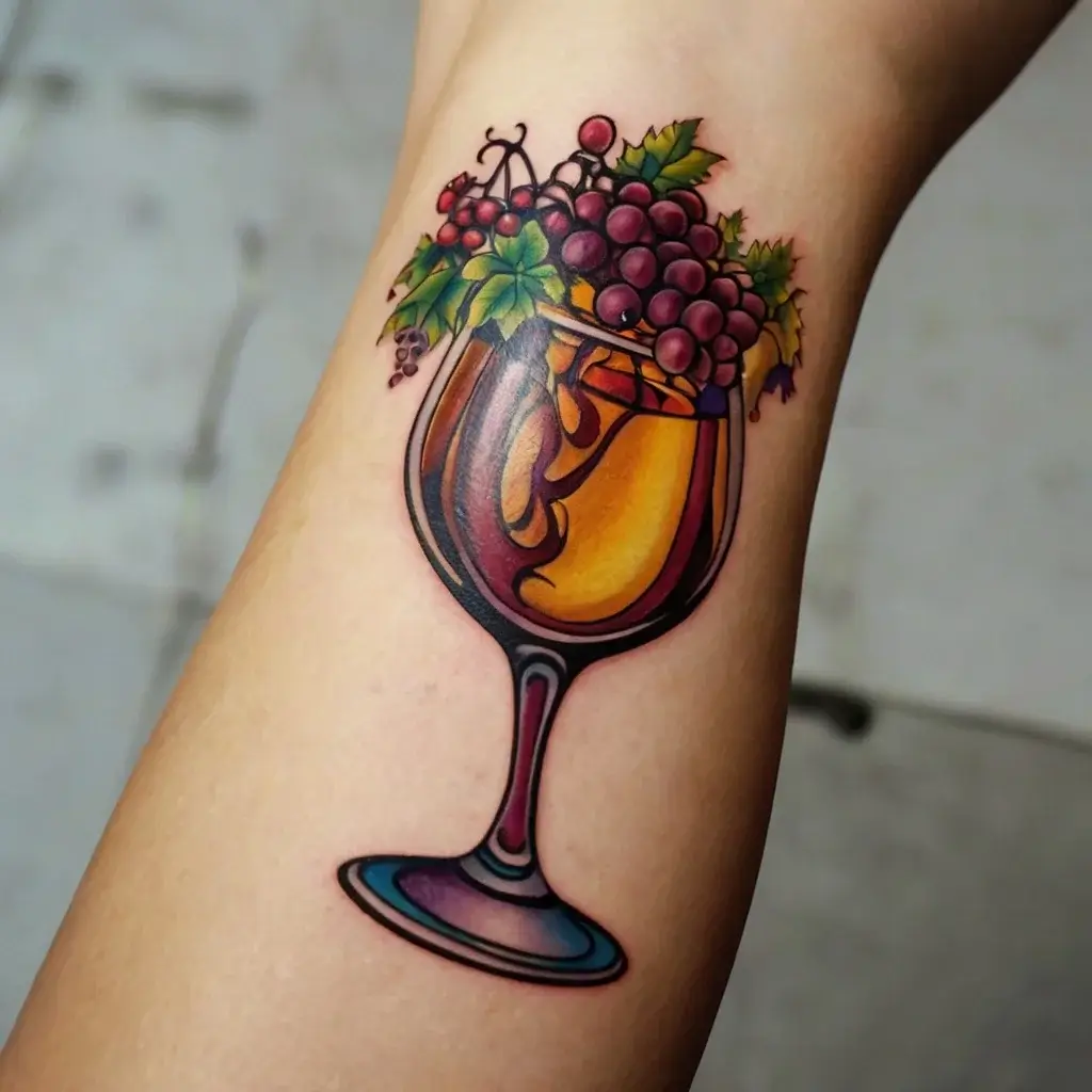 Vibrant tattoo of a wine glass with red grapes and green leaves, blending colors elegantly in a classic style.