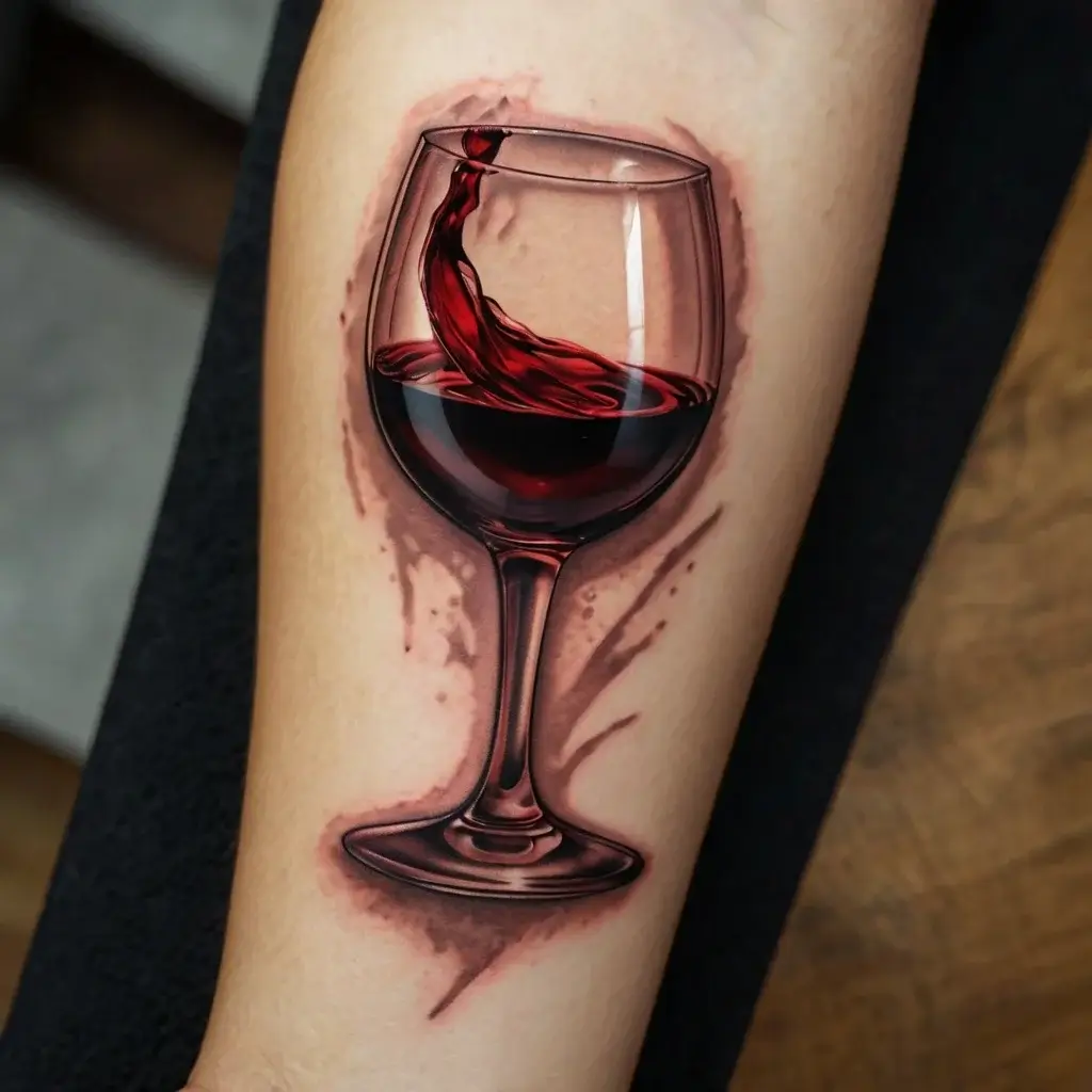 Realistic wine glass tattoo with swirling red wine, surrounded by artistic splashes, symbolizing elegance and passion.