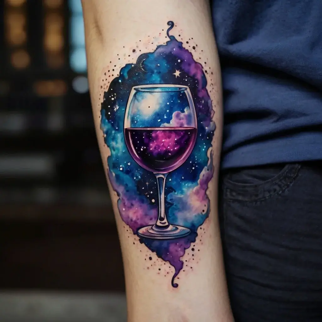 Tattoo of a wine glass with a vivid galaxy inside, surrounded by colorful cosmic swirls and stars.