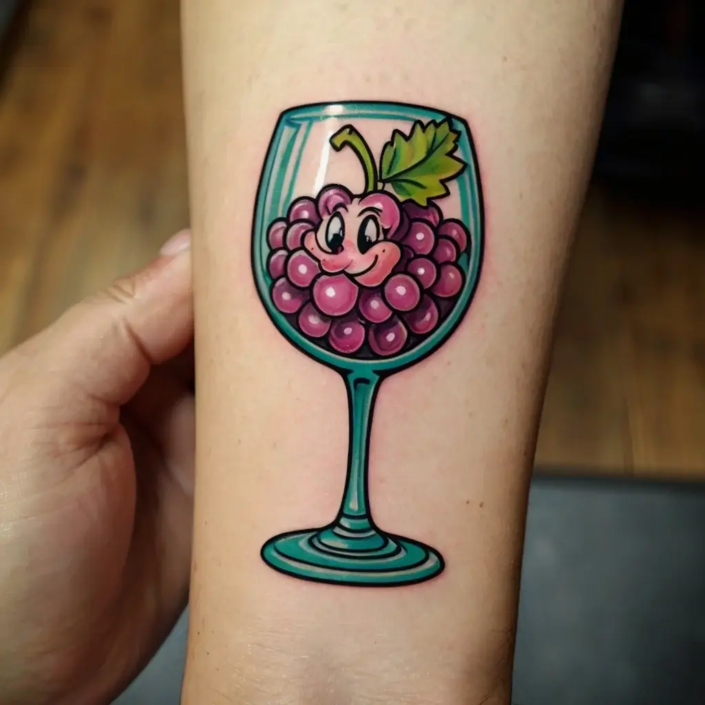 Colorful tattoo of a smiling grape cluster in a wine glass, with a green leaf, showcasing bold outlines and playful design.