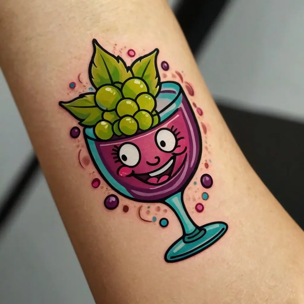 Colorful tattoo of a cartoon wine glass with a smiling face, topped with green grapes and leaves, surrounded by bubbles.