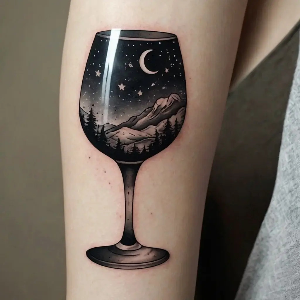 Tattoo of a wine glass filled with a night scene: crescent moon, starry sky, mountains, and trees in black and gray.