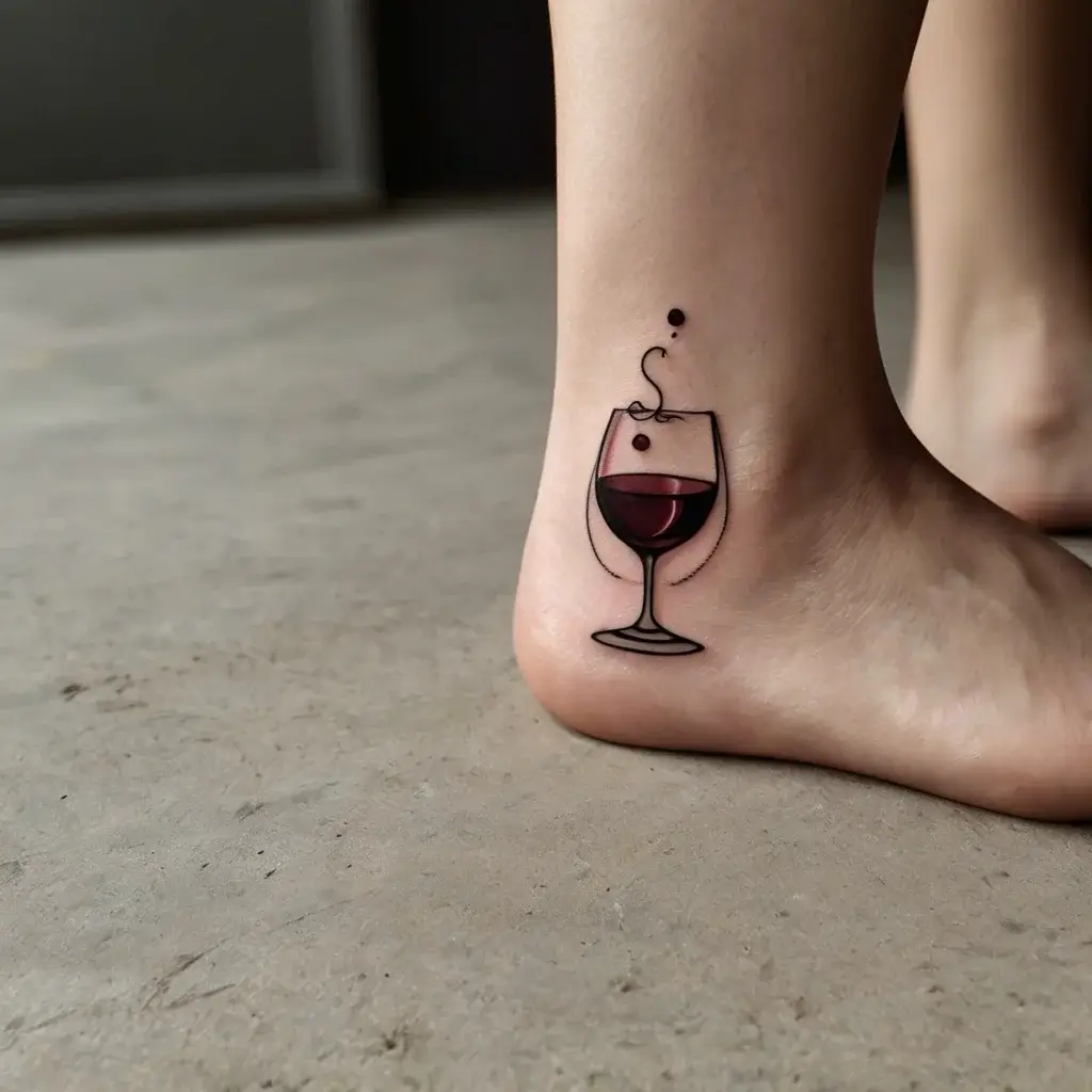 Tattoo of a wine glass with red wine, featuring a simple swirl and dot design, elegantly placed on the ankle.