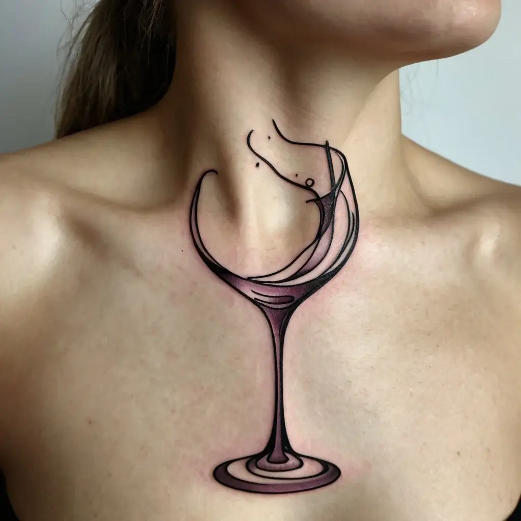 Abstract wine glass tattoo on chest with dynamic lines, creating a minimalist yet fluid design.