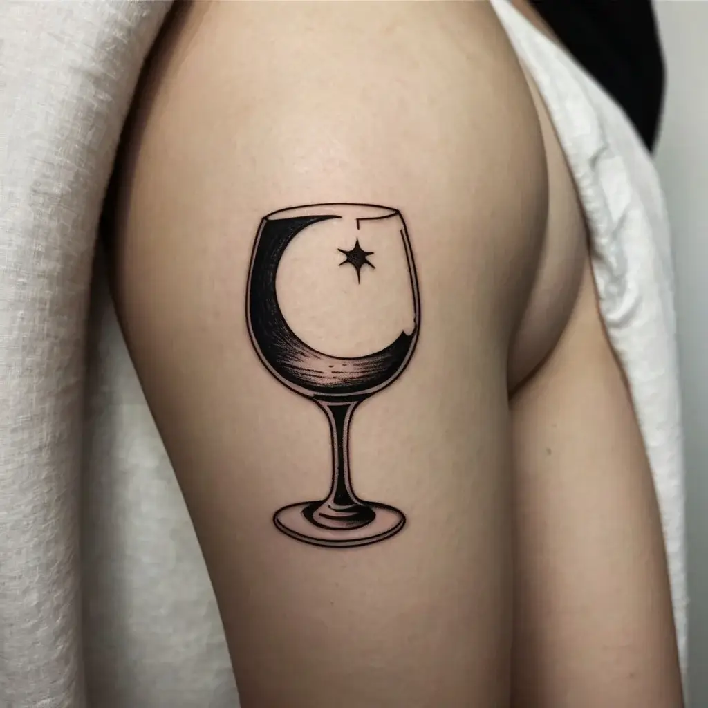 Tattoo of a wine glass with a crescent moon and star inside, blending celestial and earthly symbolism with bold lines.