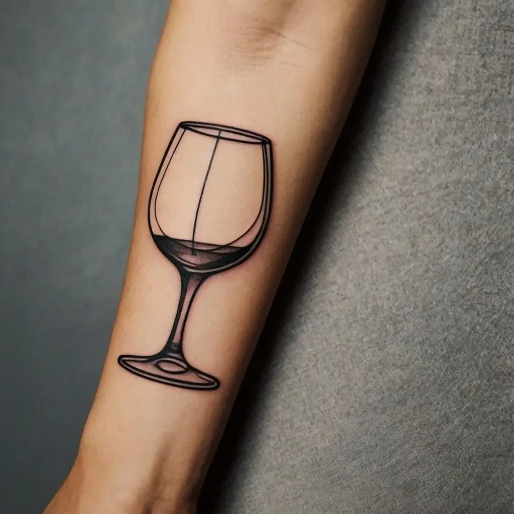 Tattoo of a black and grey wine glass with geometric lines, symbolizing elegance and simplicity.