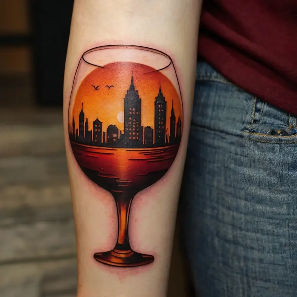 Tattoo of a city skyline at sunset inside a wine glass, featuring warm orange and red hues with birds in the sky.