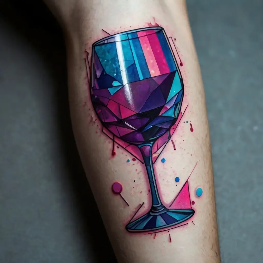 Geometric wine glass tattoo in vibrant blues and purples, accented with splattered ink and abstract shapes.