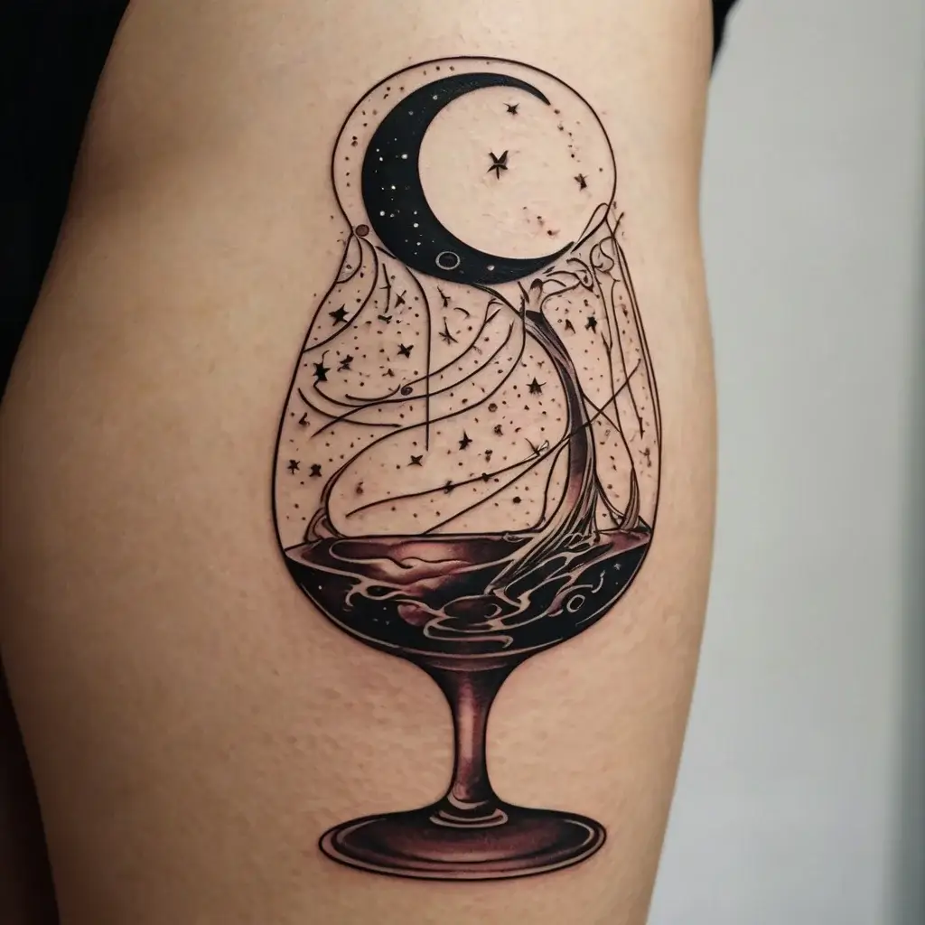 Tattoo of a crescent moon above a glass, pouring stars and celestial patterns into swirling liquid, blending night and drink.