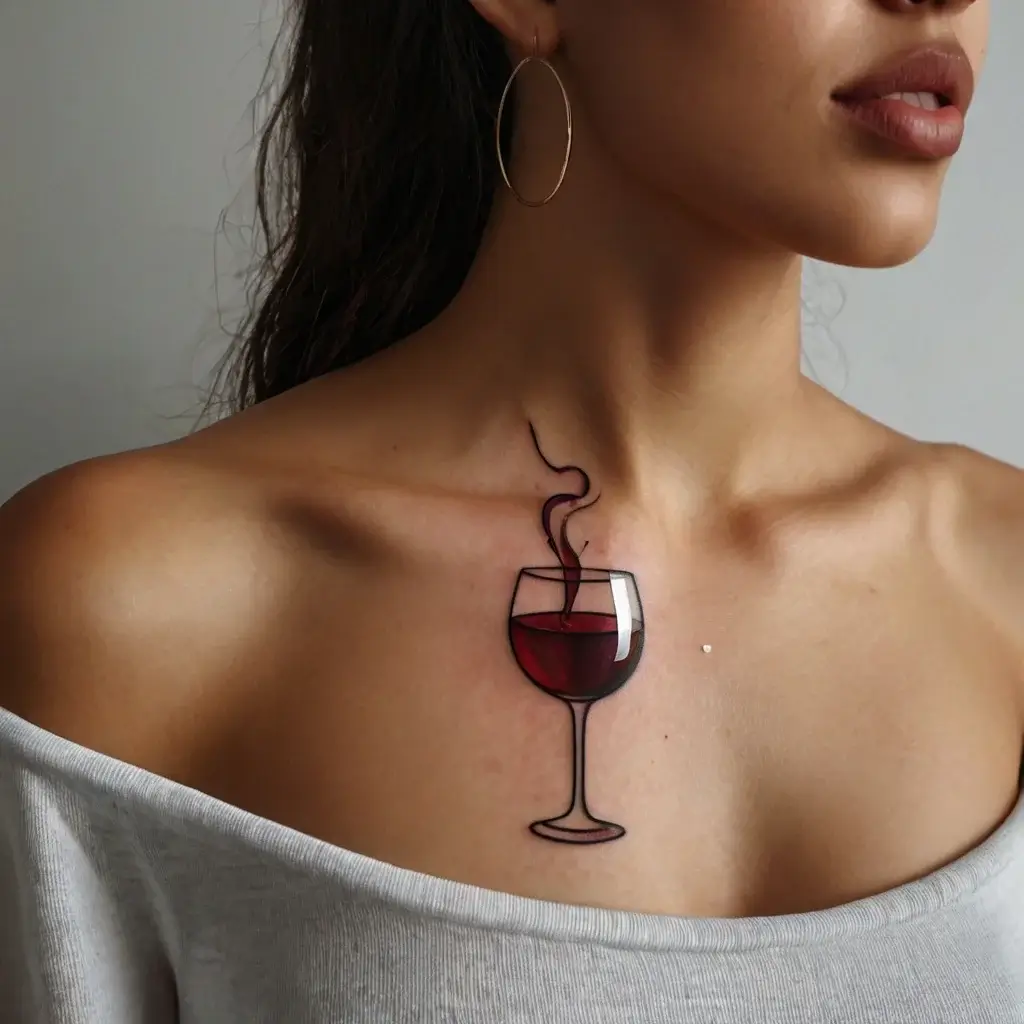 Tattoo of a wine glass with red wine and rising wisps of smoke-like lines, placed on the upper chest.