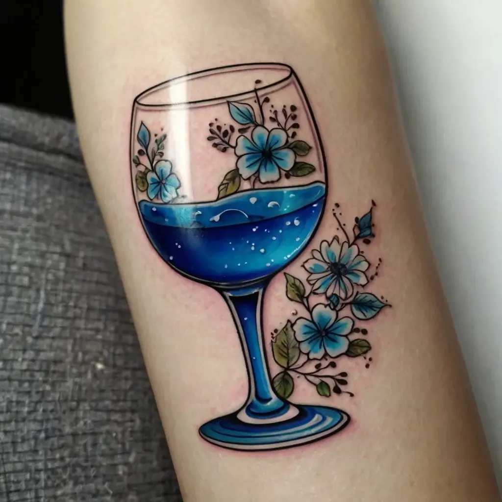 A vibrant tattoo of a wine glass with blue liquid, adorned with blooming blue flowers and delicate greenery.