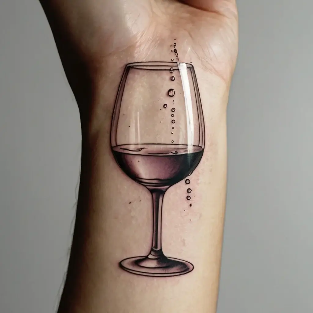 Realistic wine glass tattoo with delicate shading, paired with rising bubbles, symbolizing elegance and celebration.