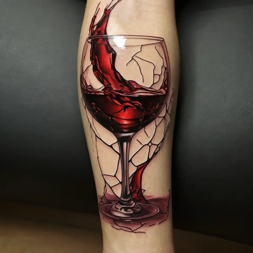 Tattoo of a realistic wine glass with dynamic red wine splash, surrounded by subtle glass shattering effect.