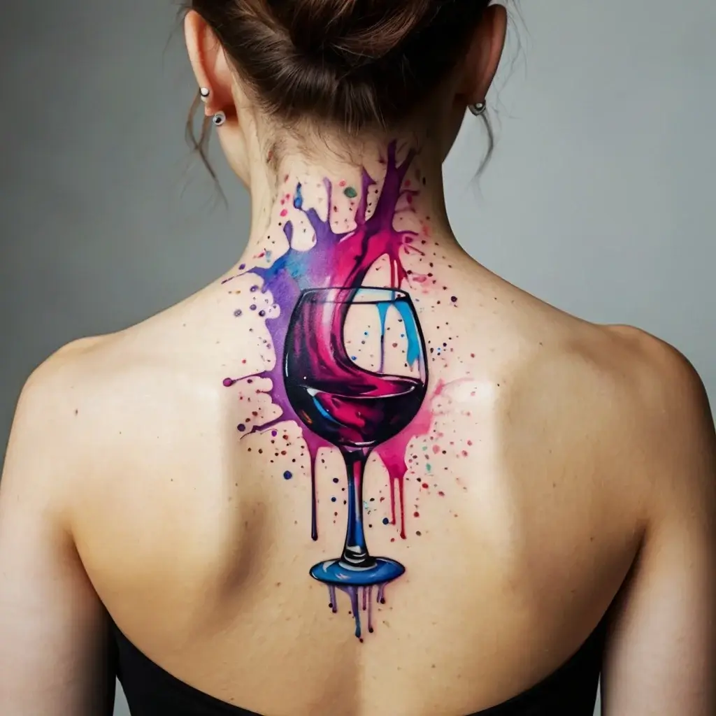 Watercolor wine glass tattoo on the back, with vibrant splashes of purple, pink, and blue ink, creating an artistic effect.