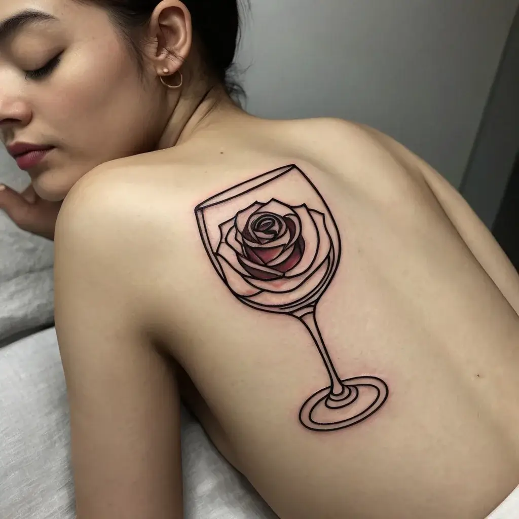 Tattoo of a rose within a wine glass, placed on the back. The design features bold outlines and soft shading.