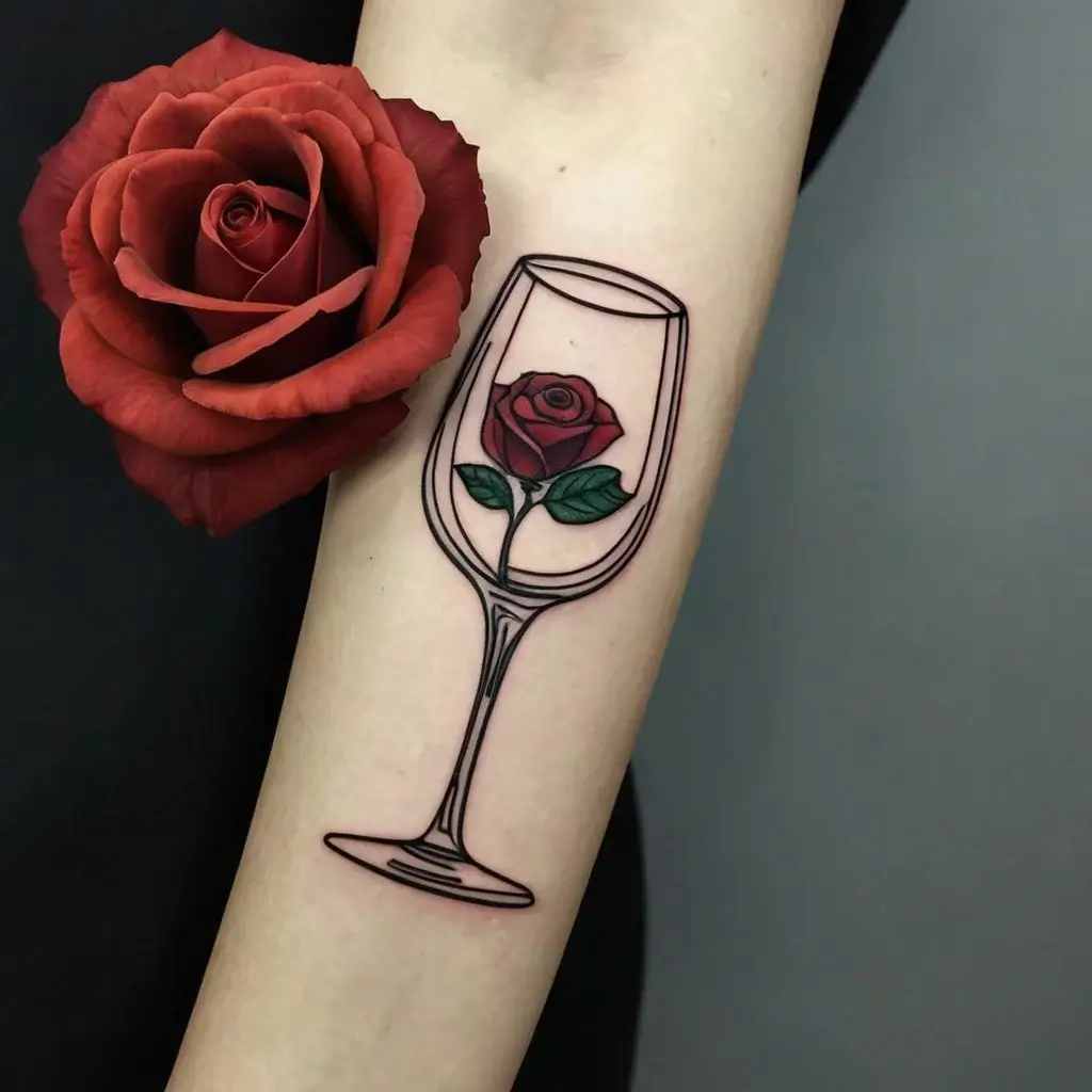 Tattoo of a rose inside a wine glass with simple black outlines, symbolizing elegance and passion on the forearm.