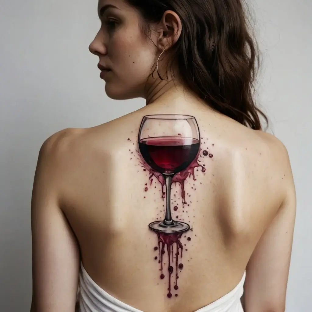 Realistic wine glass tattoo with red wine splashes on the back, creating a 3D effect.