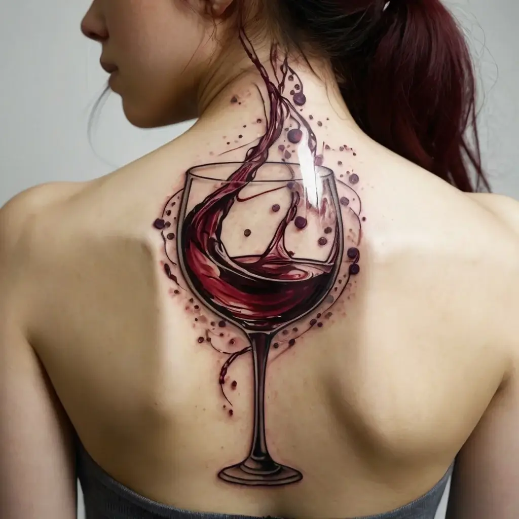 A vibrant tattoo of a wine glass with dynamic splashes and droplets, elegantly spread across the upper back and neck.