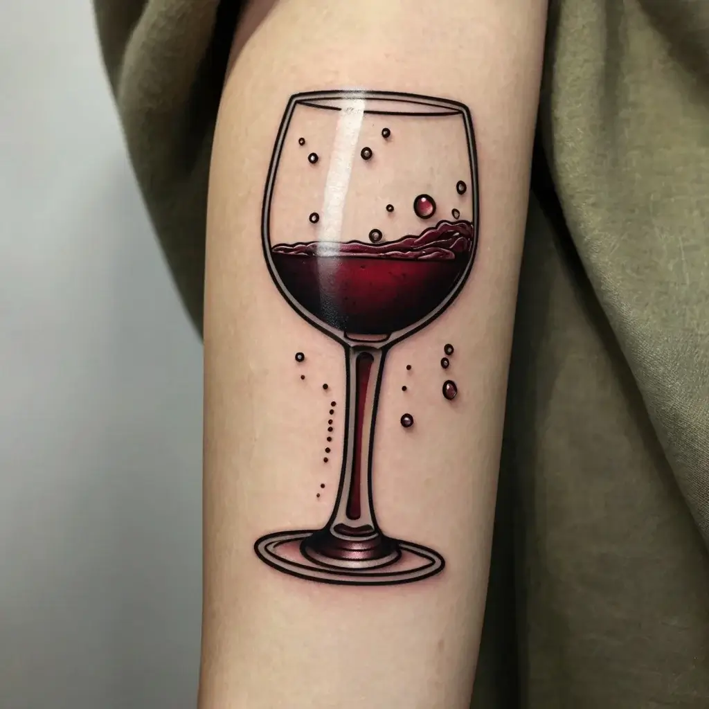 A realistic wine glass tattoo with deep red liquid and bubbles; symbolizing elegance and a love for wine.