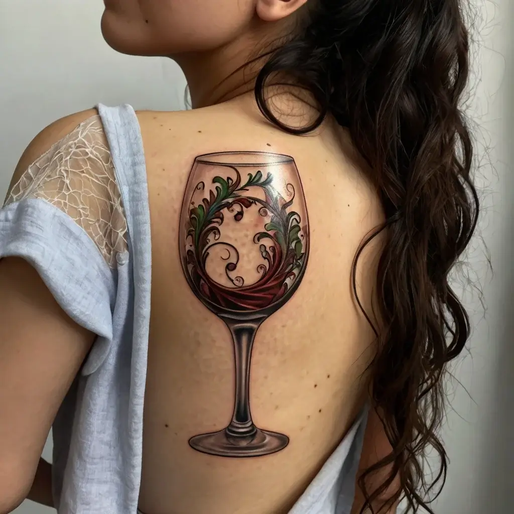 Tattoo of a wine glass with swirling vine motifs and leaves, blending rich reds and greens, on upper back.