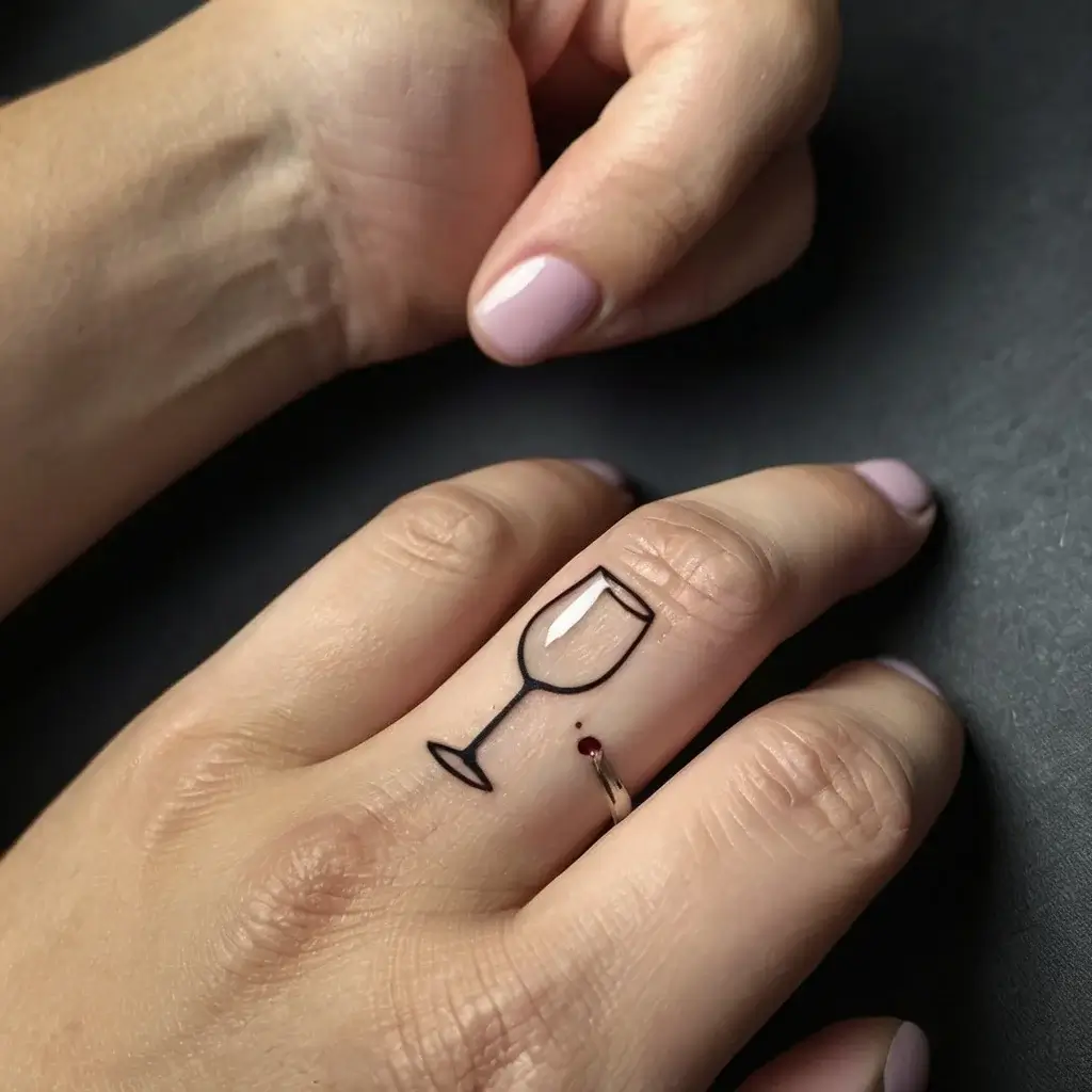 Minimalist wine glass tattoo on finger, emphasizing simplicity and elegance with a small red dot accent.