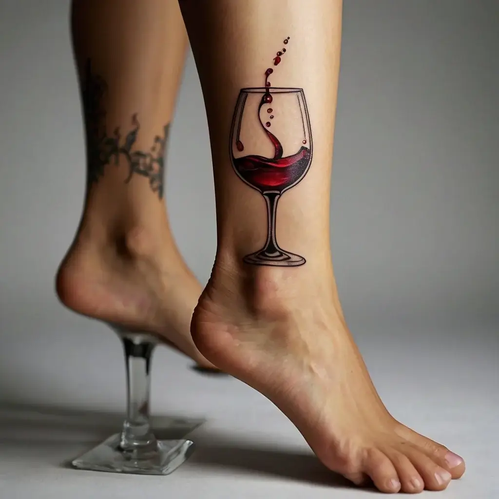 Tattoo of a wine glass with vivid red wine splash on ankle, creating a dynamic and playful 3D effect.