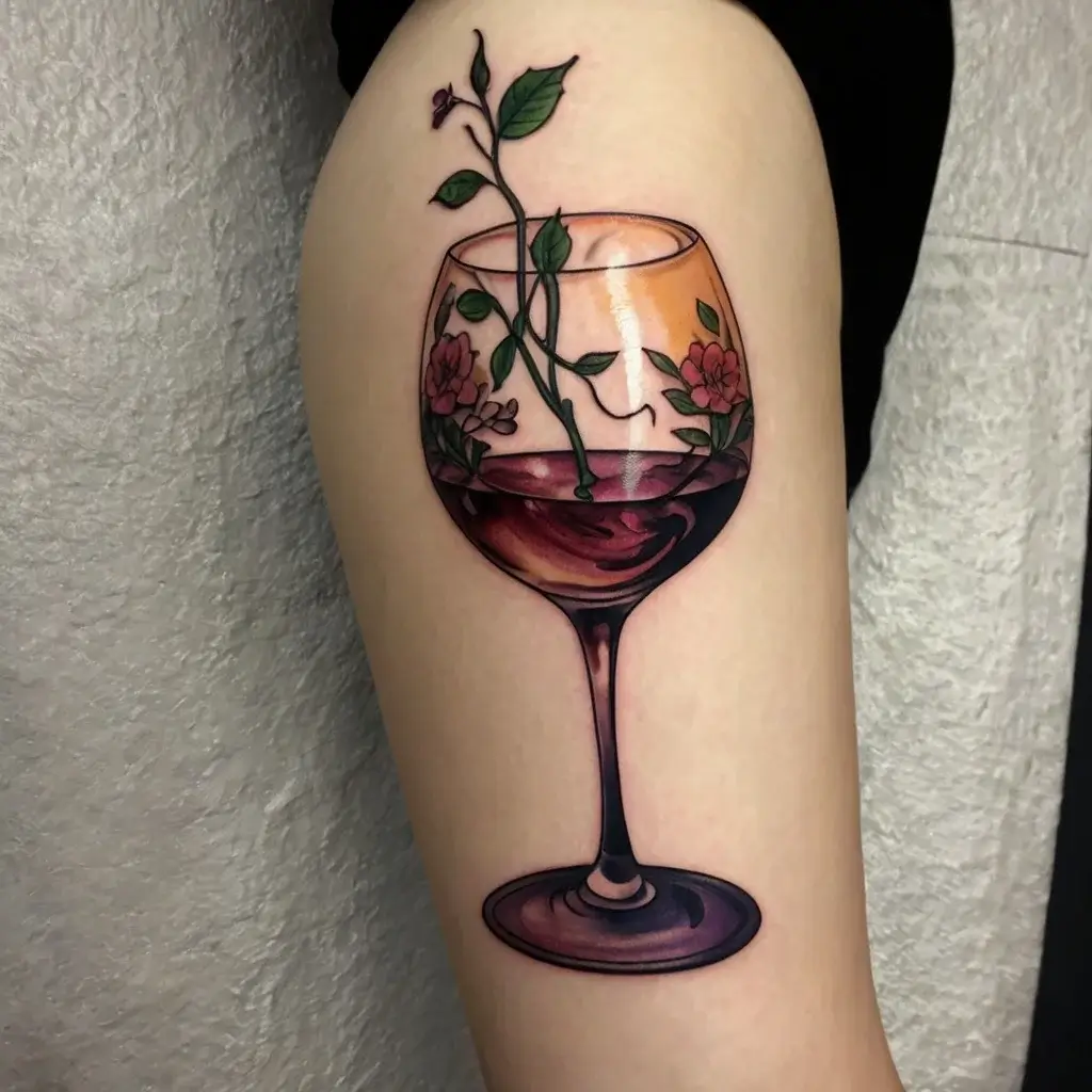 Tattoo of a wine glass with red wine, featuring intertwining leaves and flowers inside, symbolizing nature and indulgence.