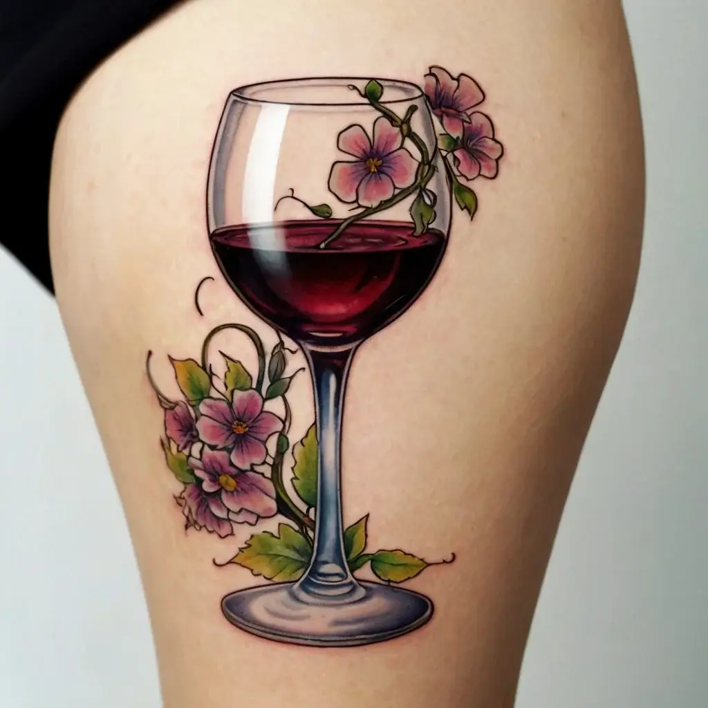 Tattoo of a wine glass with deep red wine, adorned with elegant pink flowers and green leaves, elegantly wrapping around.