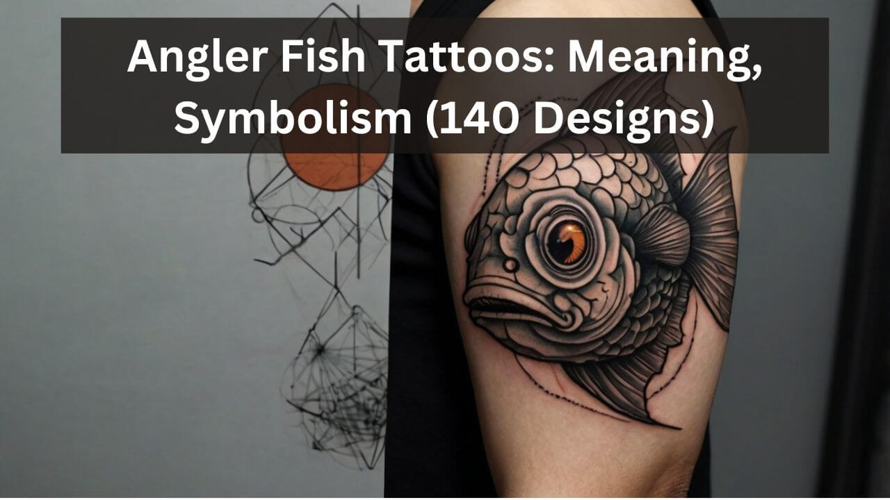 Bold grayscale angler fish tattoo with intricate shading, large eye, and abstract geometric detailing in the background.