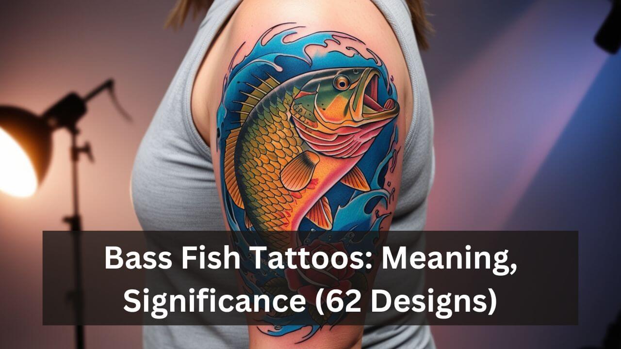 Colorful bass fish tattoo with waves on upper arm, symbolizing strength and adventure.