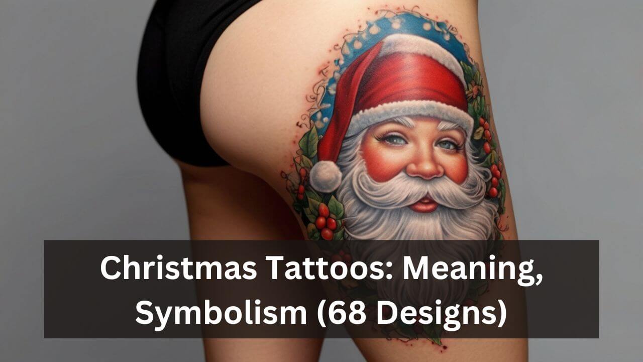 Vivid Santa tattoo with a jolly expression, surrounded by holly and berries, symbolizing festive spirit and joy.